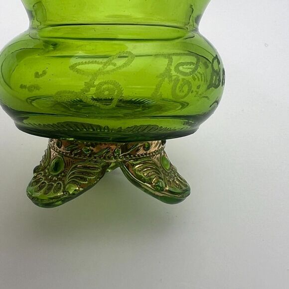 1905 St. Louis Worlds Fair Colorado Glass Emerald Toothpick Holder Lacy Medalion - Picture 2 of 10